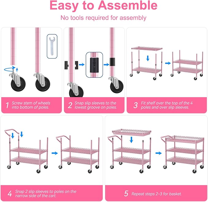 Pink Rolling Utility Cart with Wheels, 990Lbs Heavy Duty Metal Cart with Handle & Shelf Liners, NSF Certified 3-Tier Storage Trolley for Esthetician, Kitchen, Salon & Craft Room, Pink