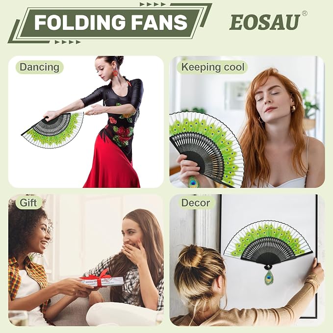 EOSAU Hand Fans for Women Foldable - Bamboo Silk Folding Fan Handheld, Fans for Line Dancing Wedding, Portable Bridal Party Favor, Elegant Church Performance Gift (Peacock Grey)