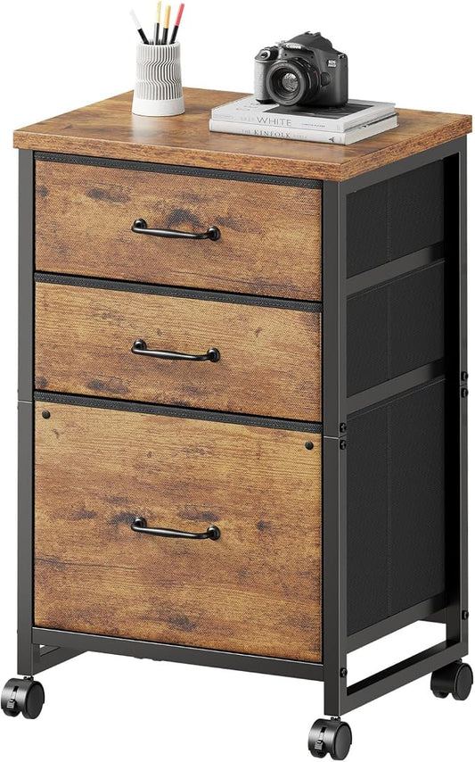 3 Drawer File Cabinet with Wheels with Open Storage Shelf, Rustic Brown2