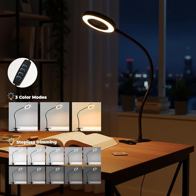 LALISU Clip on Lamp, 5X Magnifying Glass with Light LED Desk Lamp with Clamp Bright Clip Light for Bed Bedside Table, Adjustable Reading Light for Bed, Desk Lights (Black with Magnifying)