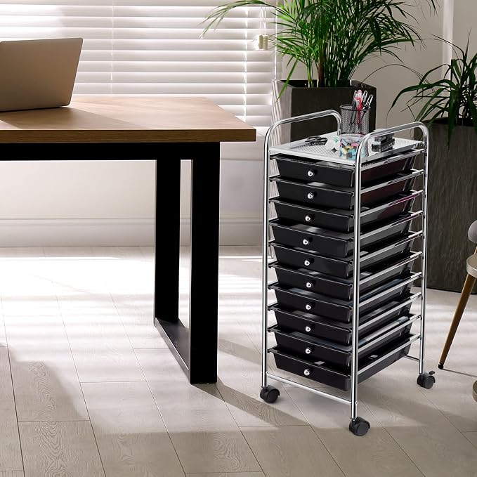 HOMGX 10 Drawer Storage Organizer Cart, 10 Tiers Multicolor Storage Trolley, Storage Drawer Bin Carts, File & Debris Storage Mobile Cart, Rolling Organizer Cart for Office/School/Home (Black)
