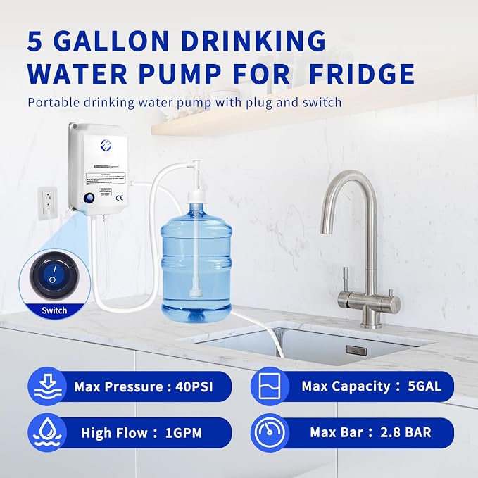 Bottled Water Dispenser Pump System for Home，2L Flow Drinking Water Pump Dispensing Single Inlet for 5 Gal，110V Electric Water Jug Bottle Pump for Coffee Ice Machines Refrigerator Faucet