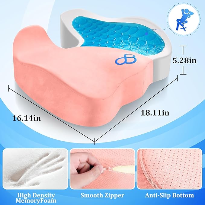 Seat Cushion, Chair Cushions, Office Chair Cushions, Anti-Slip Bottom & Removable Cover Tailbone Pain Relief Cushion, Memory Foam Seat Cushion, 5.28 in Thick (Pink)