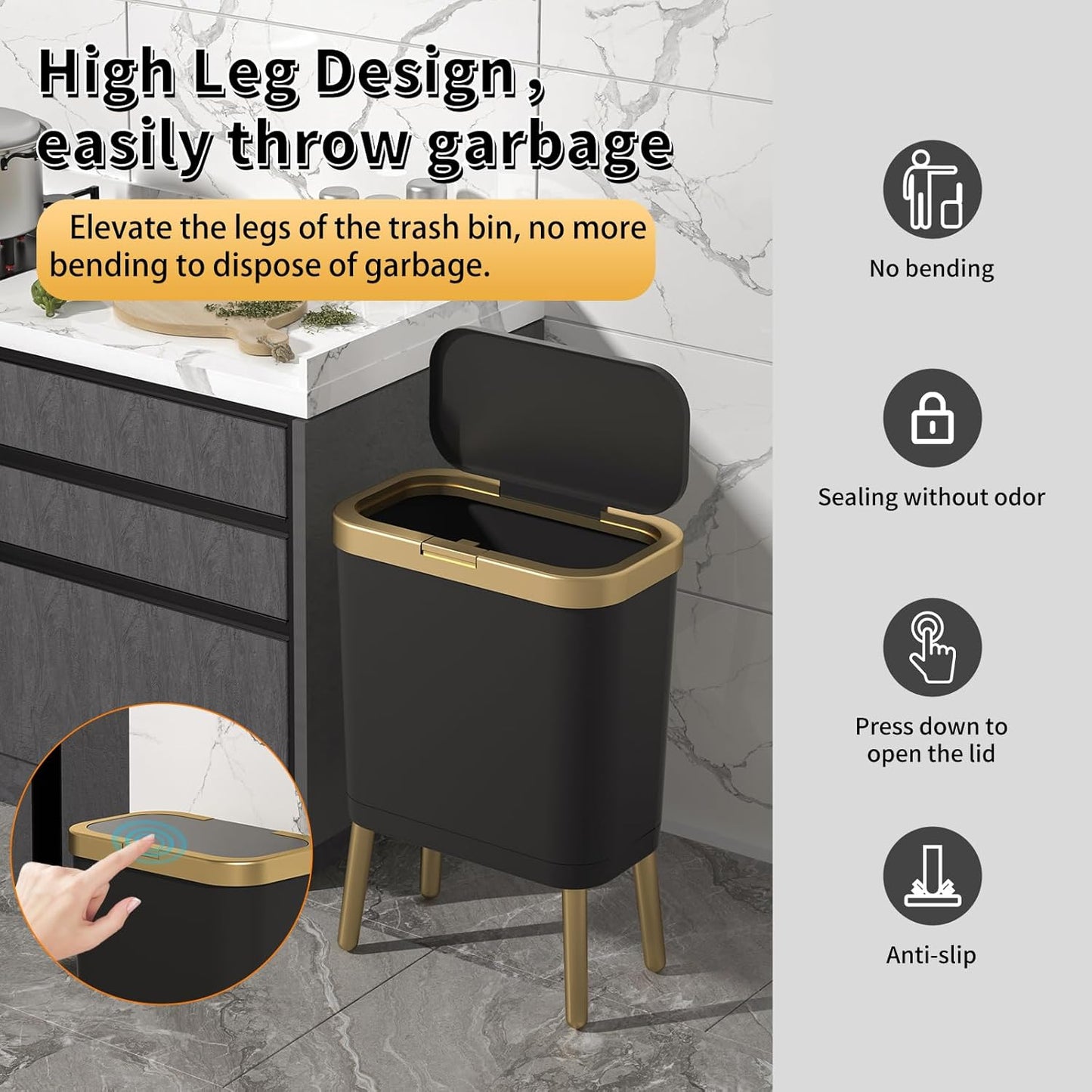 Procade 2Pack BathroomTrash Can with Lid, Modern Garbage Bin for Kitchen, 4 Gallon Garbage Can with Gold Edge, Plastic Trash Bin Waste Basket for Bedroom, Living Room,Office(Black+Green)