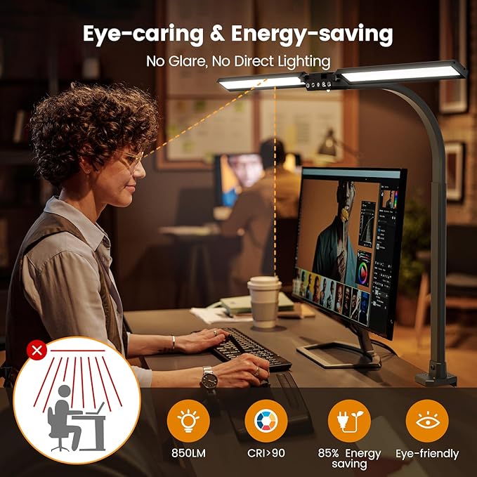 Upgraded LED Desk Lamp for Home Office with RGB, Rotatable Computer Desk Light with Remote, Tall Table Lamp with Clamp for Working, Dimmable Dual Head Task Lighting for Monitor PC, 22W