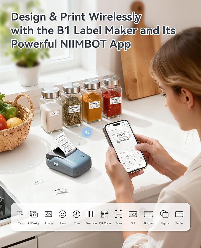 NIIMBOT B1 Label Maker Machine with Tape, 2 Inch Portable Label Printer, Bluetooth Thermal Label Printer with Multiple Templates for Small Business,Office,Home,School (Blue, 1 Printer+1 Roll Label)