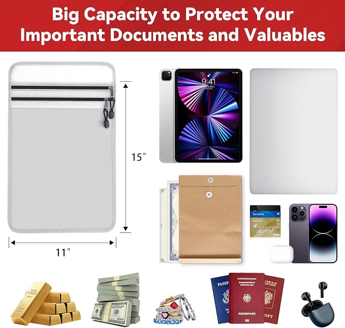 Upgraded Two Pockets Fireproof Document Bag - Kanhiro Water and Fire Proof Bag for Documents (15'' x 11'')