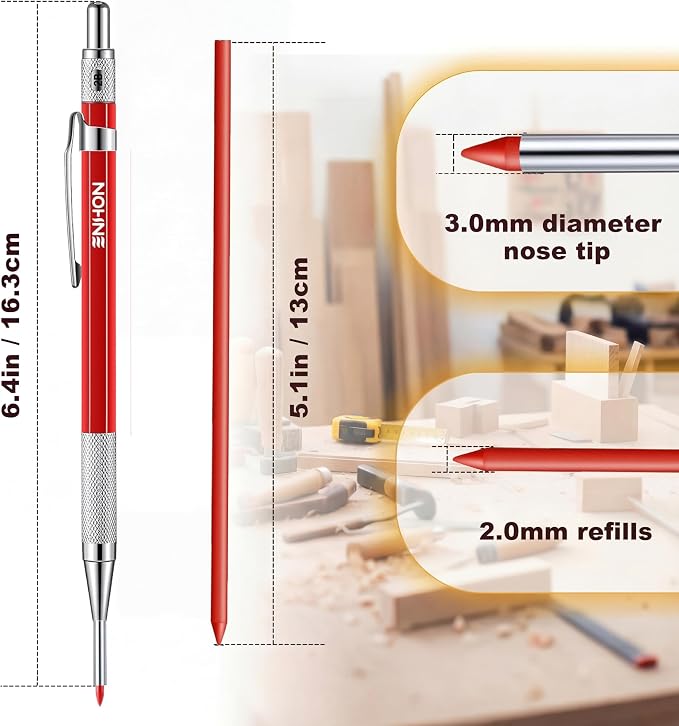 Enhon 2mm Carpenter Pencil Set with 12 Refills and Sharpener, Red | Woodworking Marking Tool Solid Deep Hole Construction Mechanical Pencil, Extended Needle-Nose Tip for Use in Jobs