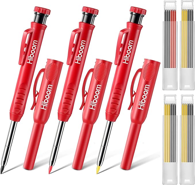 Hiboom 3 Pack Carpenter Pencils Set with 24 Refills | 2.8 mm Carpenters Mechanical Pencil Built in Sharpener, Woodworking Marking Tool Solid Deep Hole Construction Pencil