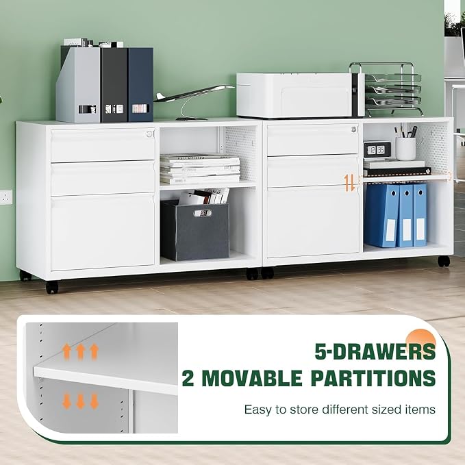 Mobile 3 Drawer File Cabinet with Lock-Metal Lateral Rolling Printer Stand Filing Cabinets for Home Office-Storage A4/F4/Letter (White)