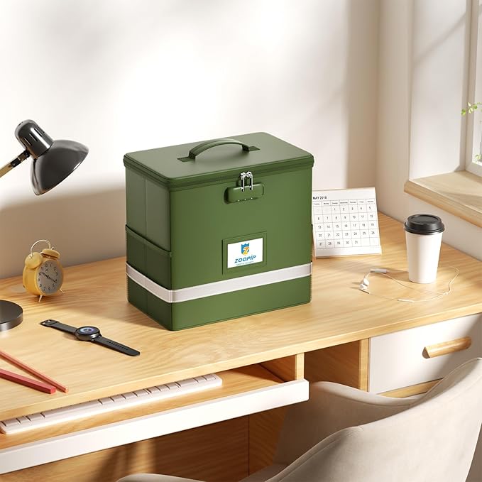 Fireproof File Box with Lock, Collapsible Document Organizer, Green | Suitable for Hanging Folders in Letter Size, Reflective Strip for Fast Find, Home Office Safe Protection,12.2"x6"x10.2"