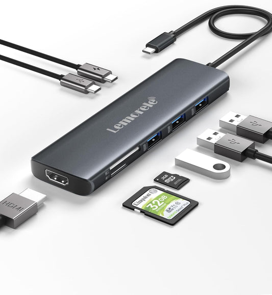 Lemorele USB C Hub 8-in-1 Adapter, USB-C Hub with 4K HDMI Output, 100W Power Delivery, USB 3.0 5Gbps Port, SD/TF Card Reader Adpater, Compatible for MacBook Pro, XPS, Chromebook and More(Blue)