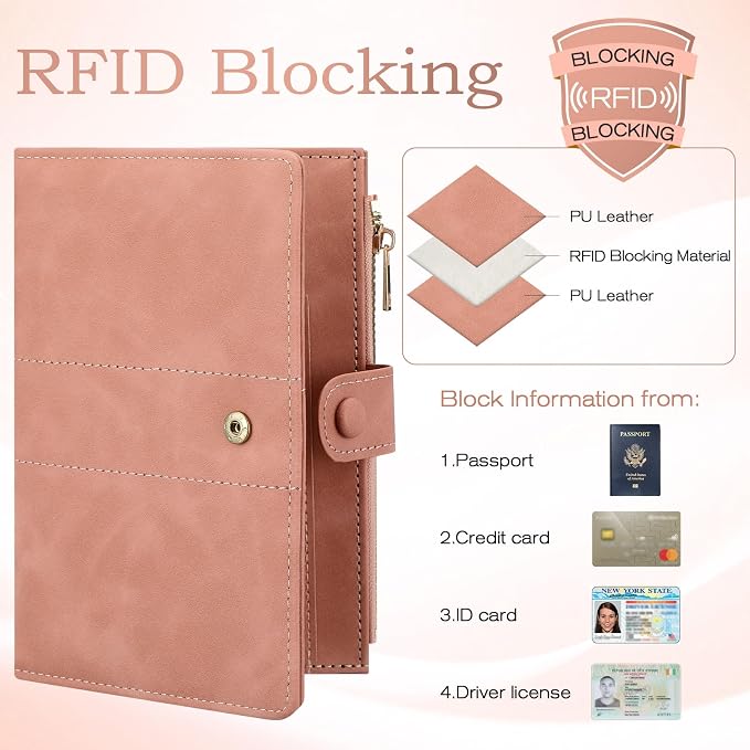 Leather Passport Holder with RFID Blocking,Slim Travel Passport Wallet Case | with Card Slots, Boarding Pass Holder, Pen Loop & SIM Card Trays, Cute Passport Cover for Women Men Family, Pink