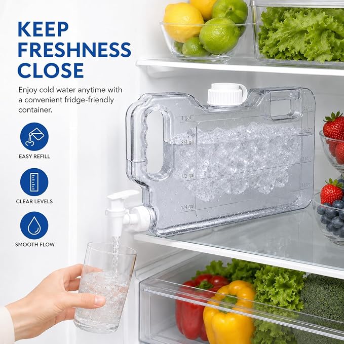 Fridge Water Dispenser with Leak-Proof Spigot, Reusable Refrigerator Drink Dispenser with Handle, Water Jug Beverage Container for Iced Tea, Juice, Lemonade, Party and Daily Use (1, 1.1 Gallon)