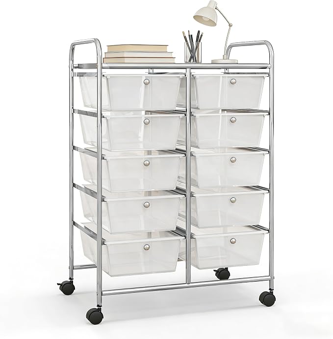 COSTWAY 10 Drawer Rolling Storage Cart, Utility Cart with Lockable Wheels | Mobile Art Supply Craft Organizer with Metal Frame, Multipurpose Drawer Cart for Paper for Office, School, Transparent