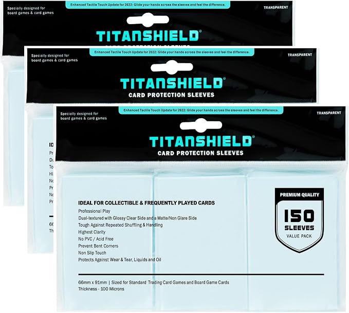 TitanShield Premium Card Sleeves | Compatible with Pokemon, One Piece, Lorcana, Flesh & Blood, & Magic The Gathering MTG | (150 Sleeves - Standard) (3, Clear, Standard | 66x91mm)