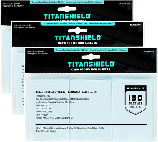 TitanShield Premium Card Sleeves | Compatible with Pokemon, One Piece, Lorcana, Flesh & Blood, & Magic The Gathering MTG | (150 Sleeves - Standard) (3, Clear, Standard | 66x91mm)