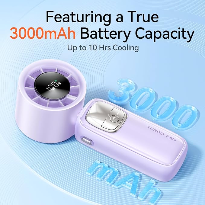 KIMMOO 3-in-1 Portable Handheld Turbo Fan-100 Speeds, 11000 RPM, 10Hrs Cooling, LED Display, 90° Rotation, Small Travel Fan, Mini Foldable Hand Held Personal Fan for Women Men (Purple)
