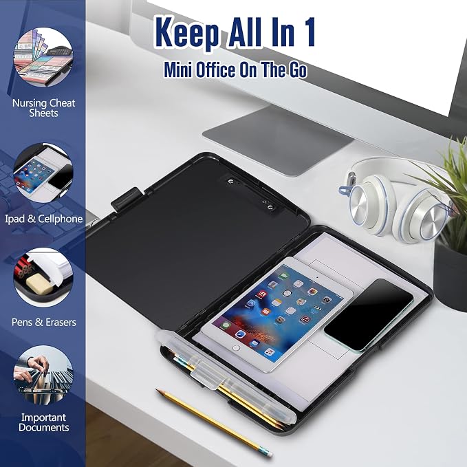 Sunnyclip Clipboard with Storage & Calculator, [20% Thicker] Heavy Duty Plastic Clip Board, Large Capacity Letter Size Side Opening Nursing Slimcase with Pen Holder|Smooth Writing Office Supply