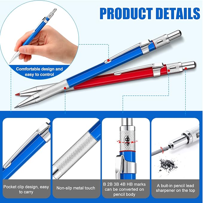 Gersoniel 2 Pcs Welders Pencil with 48 PCS Round Refills Mechanical Pencils Metal Welding Marker for Tube Pipe Fitter Welder Steel Construction Woodworking (Red, Silver)