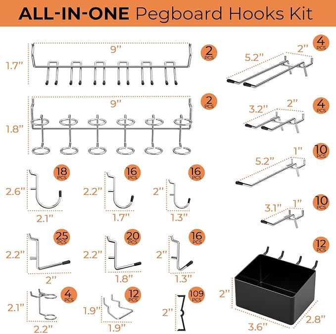 INCLY 278PCS Pegboard Accessories Organizer Kit with Peg Borad Hooks & Bins | Peg Board Hooks Assortment, For Organizing Various Tools, Fit 1/8 or 1/4 inch Pegboard, For Garage Hanging & Storage Tools