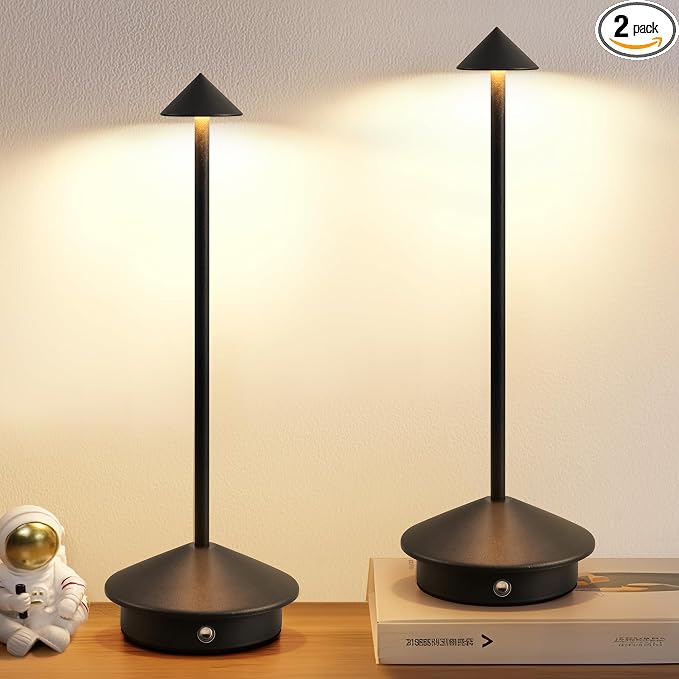 Modern Cordless Table Lamp Set of 2, Black Portable LED Desk Lamps | 5000mAh, Rechargeable, Battery Operated Lighting for Bedroom, Dining Room, Restaurant, Coffee Shop, Camping, Night Light
