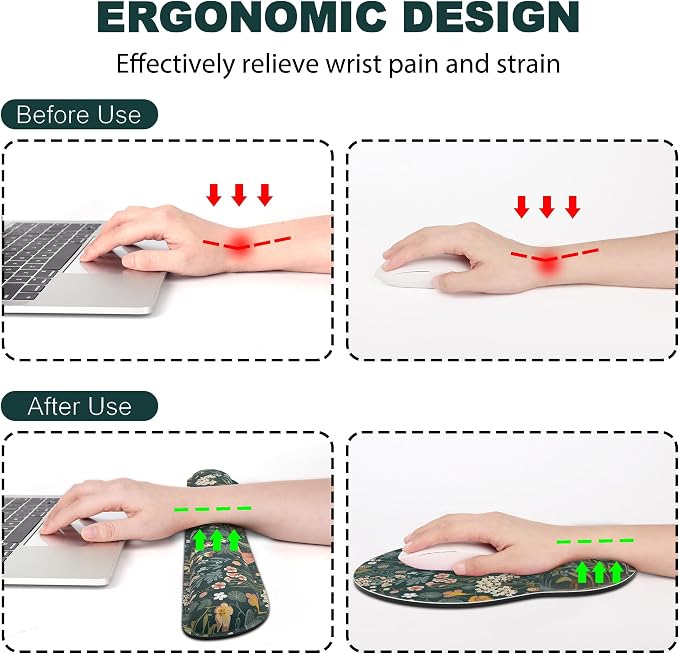 Ergonomic Mouse Pad with Wrist Rest and Keyboard Wrist Rest, Mousepad | Memory Foam Wrist Rest for Computer Keyboard, Pain Relief, Non-Slip Base, Mouse Pad Wrist Support for Gaming, Green Flowers