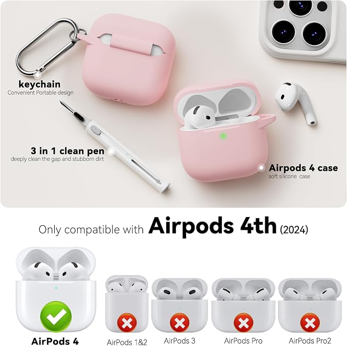 for AirPods 4 Case 2024 with Cleaner Kit & Keychain-Pink | Silicone Protective Cover for Apple AirPods 4th Generation Case,for Women Men,One-Piece Design,Shockproof,Dust Proof