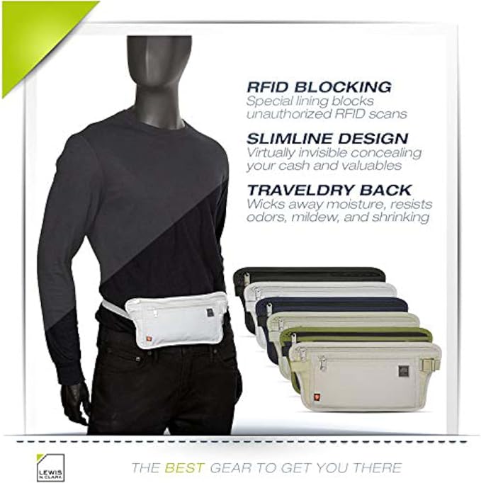 Lewis N. Clark Travel Money Belt Pouch, Slim RFID Blocking Anti Theft Waist Stash Pouches for Cash, Cards and Passport Holder
