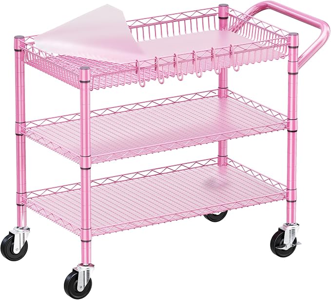 Pink Rolling Utility Cart with Wheels, 990Lbs Heavy Duty Metal Cart with Handle & Shelf Liners, NSF Certified 3-Tier Storage Trolley for Esthetician, Kitchen, Salon & Craft Room, Pink