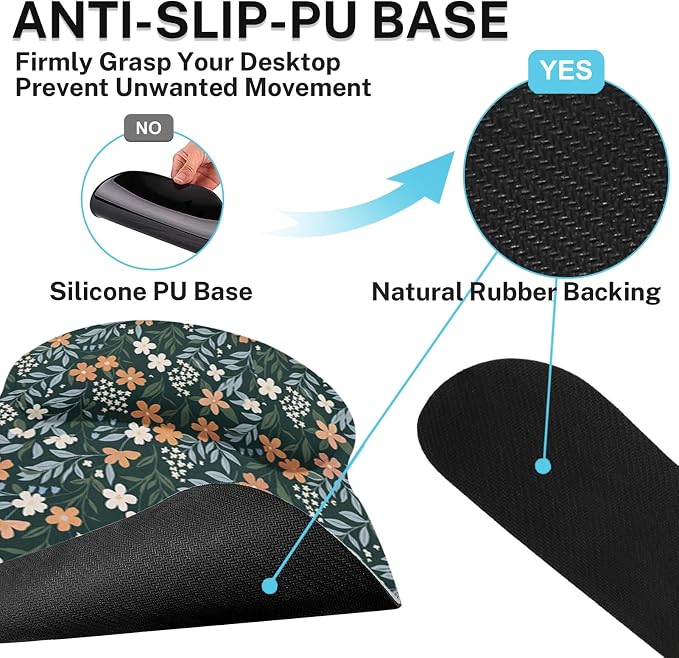 Ergonomic Mouse Pad Set with Wrist Rest, Floral Wildflower | Vintage Green Non-Slip Rubber Base Wrist Cushion Support and Coasters Mousepad with Wrist Support for Computer Keyboard