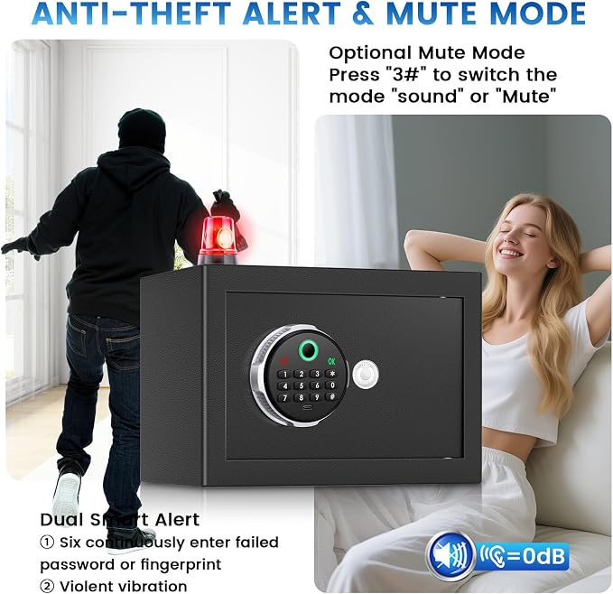 Small Smart Biometric Safe Box for Home, (6.5"D x 7"W x 6.5"H) | Mini Safes with Anti-Theft Dual Alerts, Mute Mode, Digital Security Money Safe for Cash, Jewelry, Business(without Shelf)