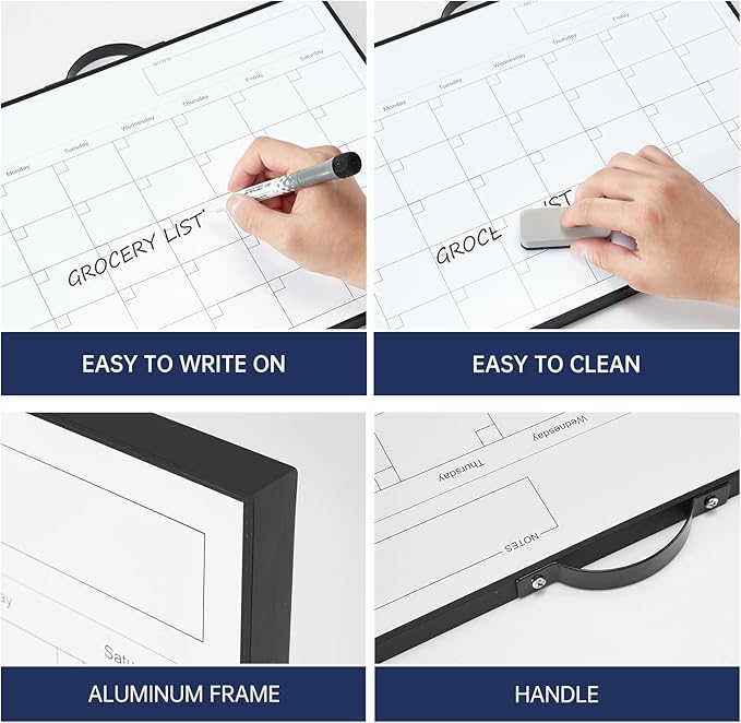 White Board Calendar - 12 X 16 Inches Magnetic Dry Erase Board Monthly Calendar, Double Sided Whiteboard with a Handle, to Do List Notepad for Office, Home, School, Black Aluminum Frame