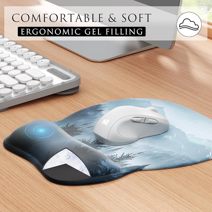 MROCO Ergonomic Mouse Pad with Gel Wrist Rest, 9.4 x 8.1 in, Cloud Forest | Ergonomic Shape Design, Multiple Pattern Options, Gel Wrist Comfort, Smooth Lycra Surface, Non-Slip PU Base