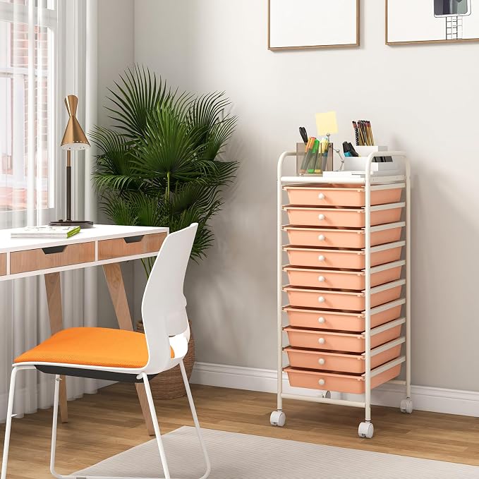 Storage Cart, Rolling Utility Cart with 10 Drawers, Portable Handles & Lockable Wheels, Mobile Paper Toys Storage Organizer Large Capacity for Home Office School Teacher (Peach)
