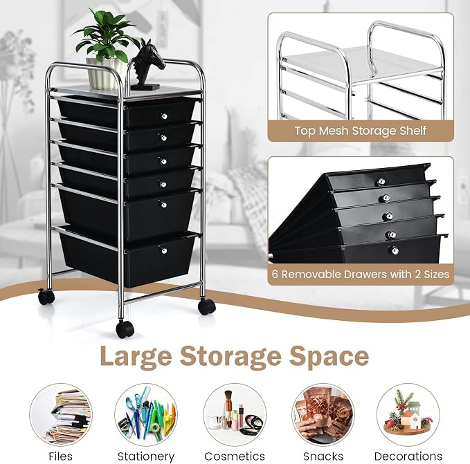 COSTWAY 6-Drawer Rolling Storage Cart, Art Craft Tools Organizer on Wheels | Multifunctional Heavy Duty Utility Mobile Storage Trolley w/ 2 Lockable Wheels for Home Office School (Black)
