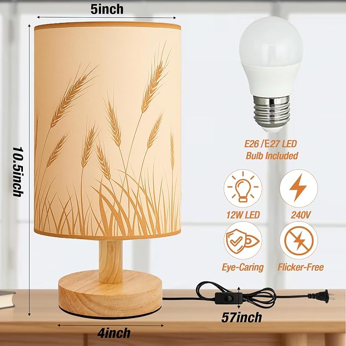 Desk Lamp LED Bulb Included, Small Bedside Table Lamp Plug-in - Classic Wood Base with Flaxen Fabric Shade, Lamps for Night Stands, Simple Nightstand Light for Bedroom, Office, Desk