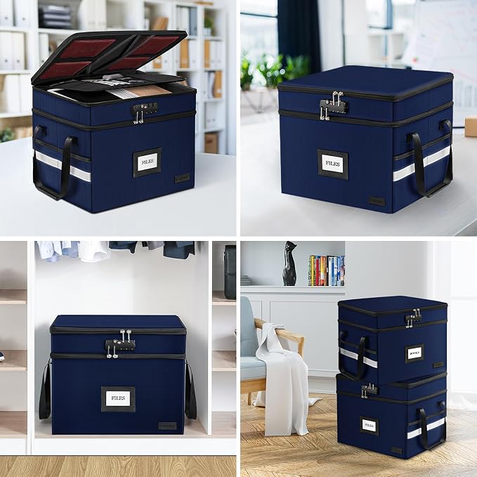 Fireproof File Oganizer with Lock, 2 Layer Fireproof Document Box Storage | Portable File Cabinet Storage Box with 5 Tab Inserts & Handle for Hanging Letter, Legal Size Folder, Certificate