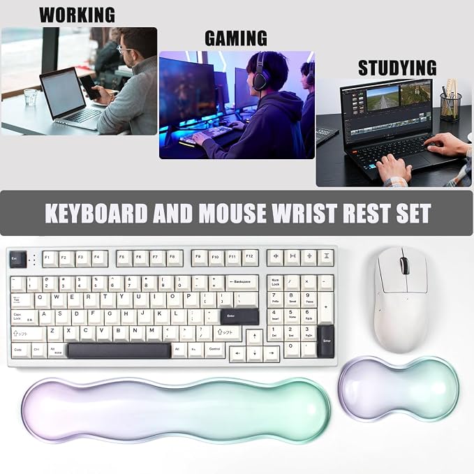 Gel Keyboard and Mouse Wrist Rest Set – Clear Wrist Rest for Computer Keyboard 60%/68%/75%, Comfort & Support for Typing and Gaming(Purple Green)