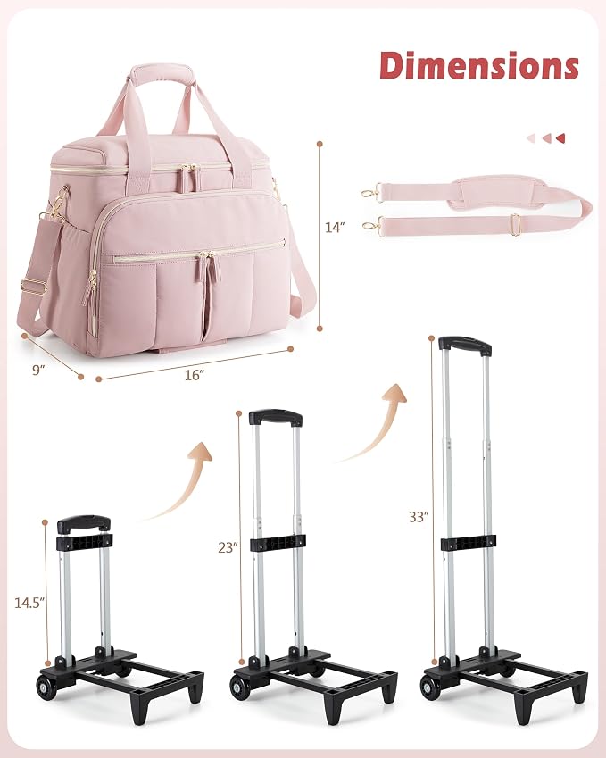 Marscamd Rolling Teacher Bag with Accordion File Organizer for Work | 15.6" Laptop Compartment, Detachable Trolley & Crossbody Strap, Womens Briefcase Tote with Wheels (Pink))