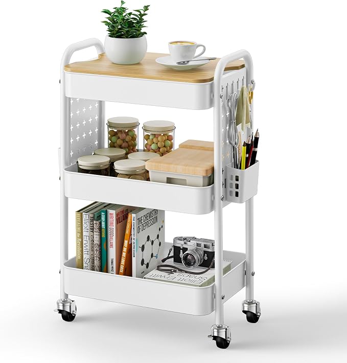 3 Tier Rolling Cart with Table top, Metal Utility Cart with DIY Pegboard | Sturdy Storage Organizer Cart with Locking Wheels,Hooks& Cups for Office, Classroom, Kitchen and Bathroom, White