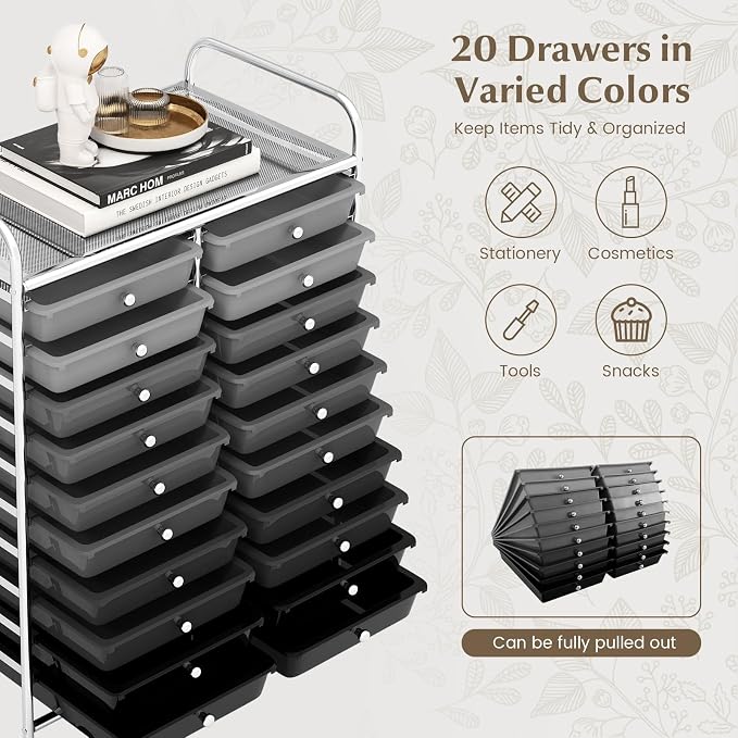 RELAX4LIFE 20 Drawer Rolling Storage Cart, Mobile Rolling Cart w/Drawers for School Classroom Teacher Office Home Salon, Paper File Art Supply Craft Organizer, Utility Cart on Wheels (Gradient Grey)