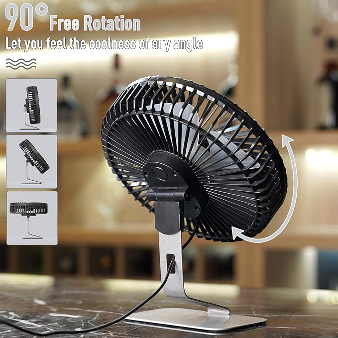 SLENPET 6-inch USB Small Desk Fan, 4 Speeds, Powerful Desktop Table Fan | Ultra-quiet, 90° Adjustment for Better Cooling, Portable Mini Personal Fan for Home Office, Metal Base, Silver