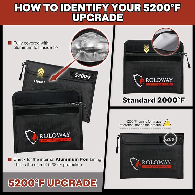 Fireproof Bag (9.6 x 6.6 inches) 5200℉ Heat Insulated, Fireproof Money Bag with Zipper for Cash (2-Pack Black)
