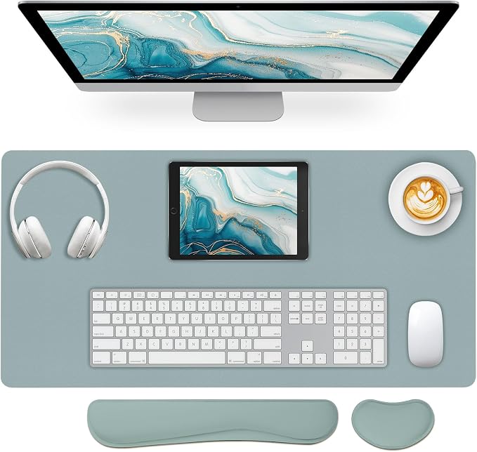 Desk Mat Set,3-in-1 Mouse Pad with Wrist Rest and Keyboard Pad | 31.5" x 15.7" Ergonomic Keyboard and Mouse Pad Set, Memory Foam Keyboard Wrist Rest, Waterproof Computer Mat, Mist Blue