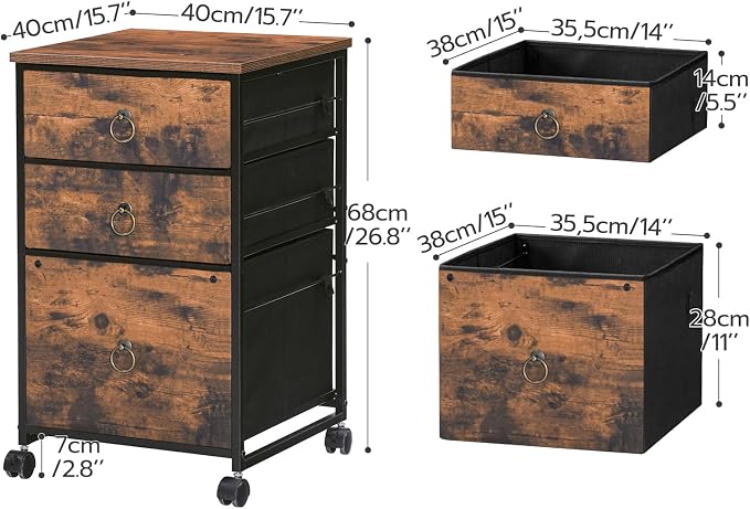 HOOBRO 3-Drawer Mobile File Cabinet, Vertical Filing Cabinet, Under Desk Cart with Drawers for Home Office, Rolling Printer Stand, A4/Letter-Sized, Fabric Drawer, Rustic Brown BF30WJ01