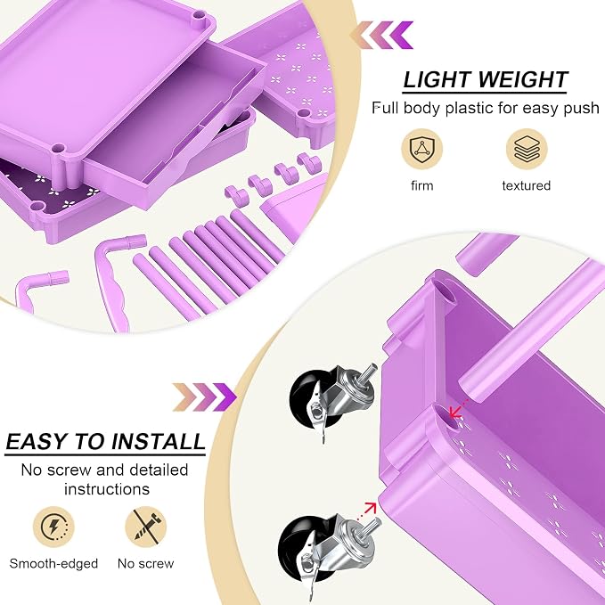 Goovilla 3 Tier Rolling Utility Cart Organizer with Removable Drawer,Purple | Stable and Sturdy Rolling Storage Carts with 2 Lockable Wheels for Bathroom, Kitchen, Snack, Craft, Makeup, Baby Essentials