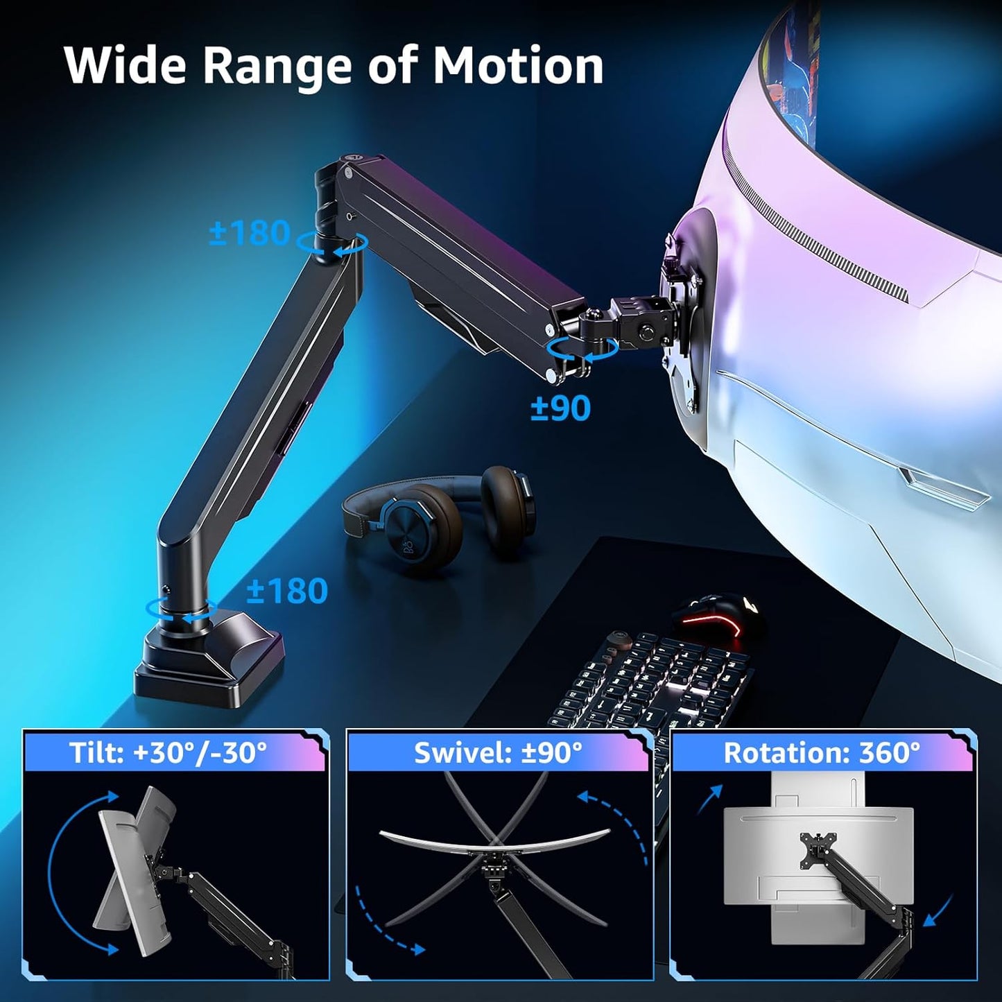 MOUNTUP Ultrawide Monitor Arm for 17-43 inch Curved Screen, Holds 2.2 to 33 lbs, Heavy Duty Monitor Desk Mount, Adjustable Gas Spring Arm, Computer Monitors Stand for Desk, VESA Mount