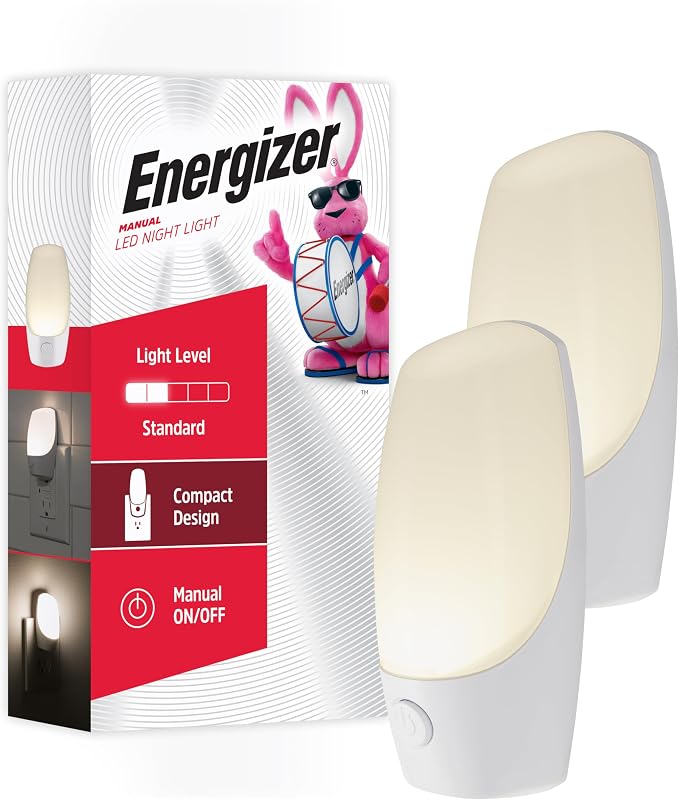 Energizer Manual On/Off LED Night Light Plug-in, Push Button, Compact, Contemporary, for Bedroom, Livingroom, Hallway, Bathroom, Nursery, Basement, White, 84135, 2 Pack