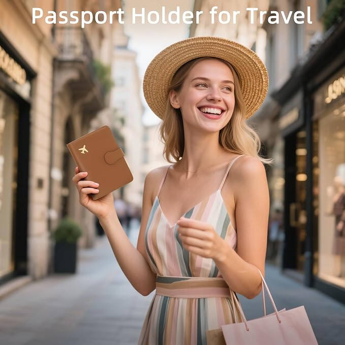 RFID Blocking Passport Holder Travel Wallet | RFID-blocking protects passport & cards. 4 slots, ID window, zipper pocket. PU leather, slim, light. Unisex brown.